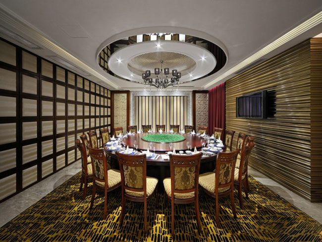 餐厅装修包房圆形天花格子软包