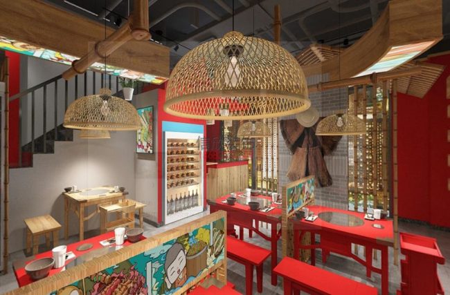 天城火锅店装修设计-红色餐桌椅