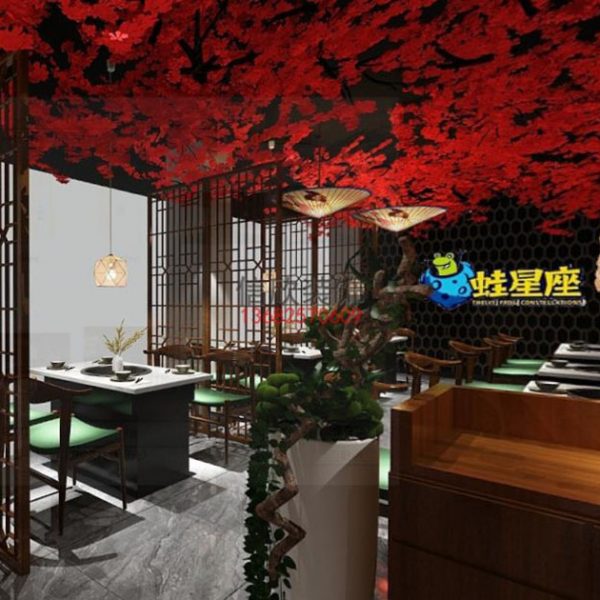 蛙星座火锅店装修设计-大厅火锅店装修设计-中式格子屏风隔断