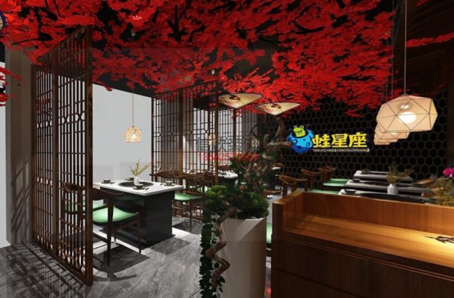 蛙星座火锅店装修设计-大厅火锅店装修设计-中式格子屏风隔断