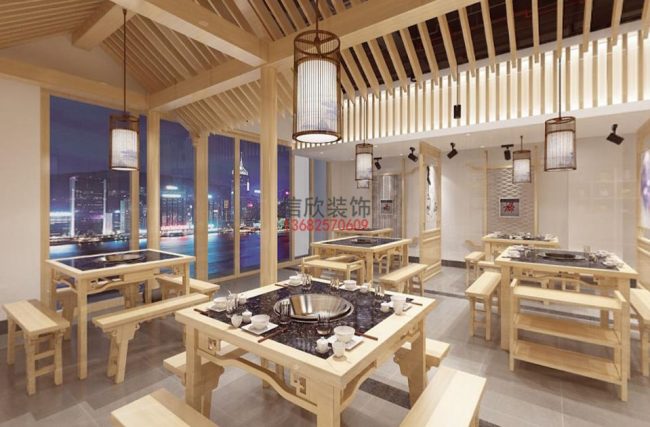 滋乐火锅店餐饮装修设计-木架天花