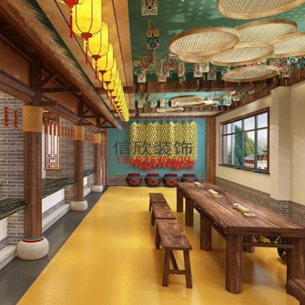 石锅鱼餐厅装修设计-旧木条桌