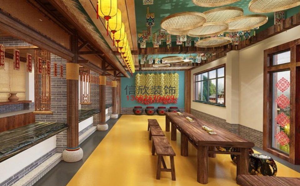 石锅鱼餐厅装修设计-旧木条桌