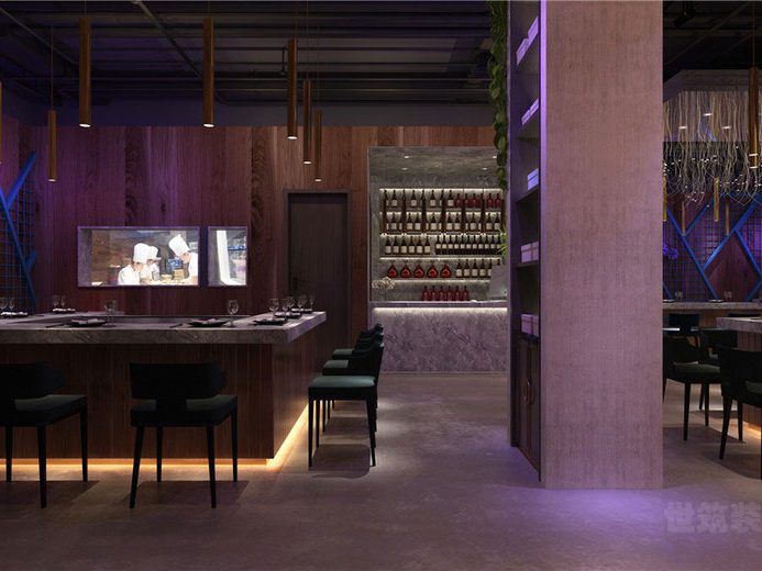 工业混搭风餐厅吧台用餐区效果图