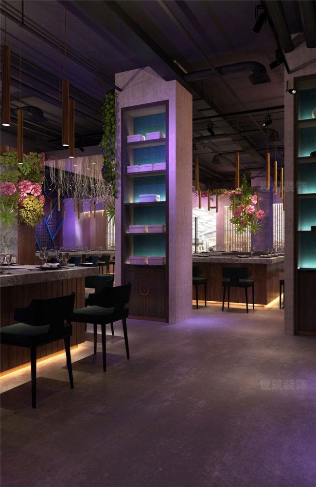 工业混搭风餐饮空间吧台用餐区效果图