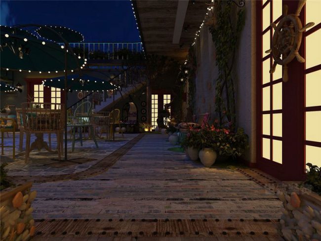 工业混搭风民宿室外休区场景装修图