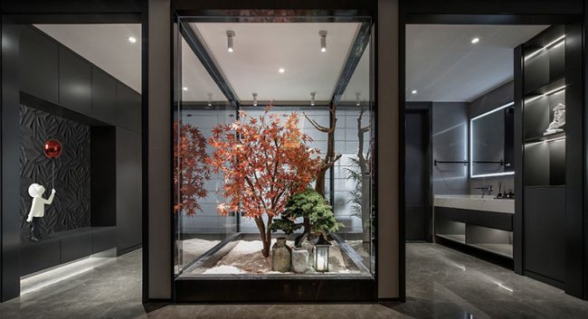 黑色空间里面的中式景观