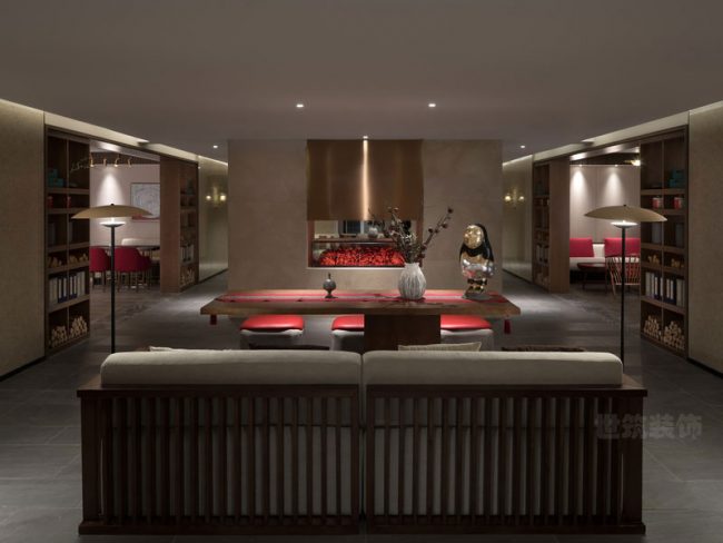 红色元素的中式茶室效果图