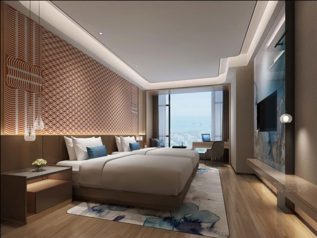 酒店双人客房的艺术背景墙