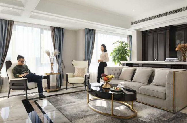 美式轻奢风样板间客厅场景装修图