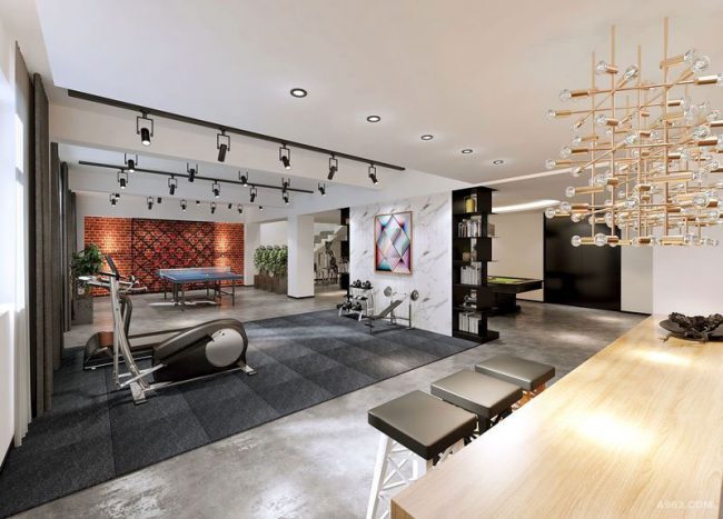 现代工业风办公室休闲健身区场景装修图