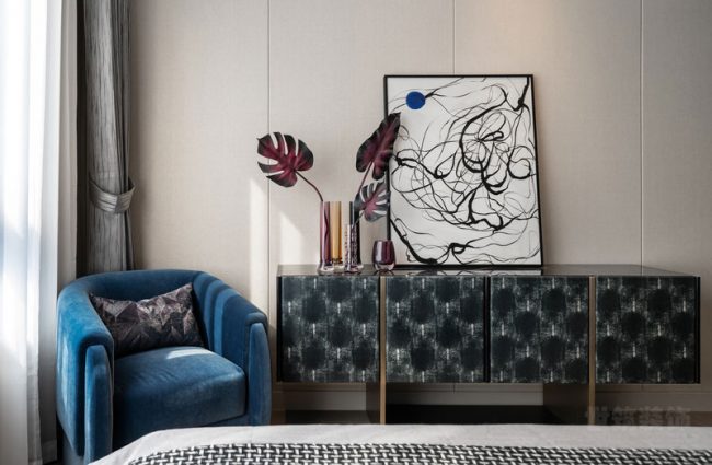 现代极简风格样板间场景卧室休闲区环境装修图