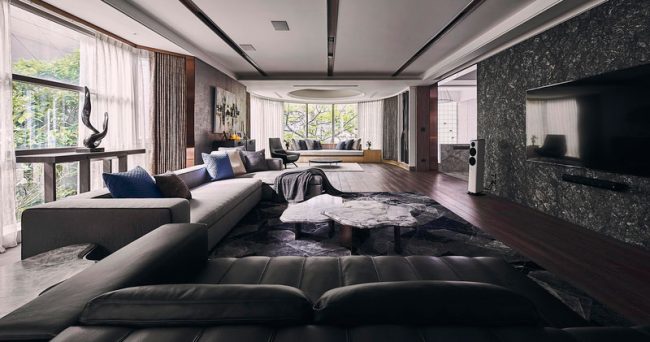 现代轻奢风样板间起居室场景装修图