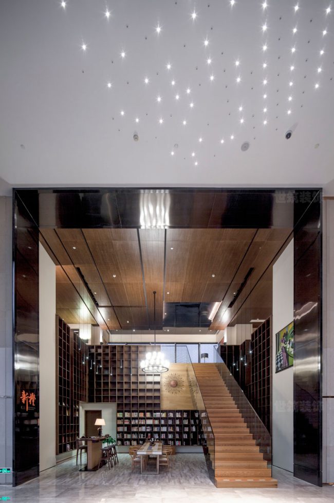 现代中式办公空间休闲楼梯厅阅览区场景装修图