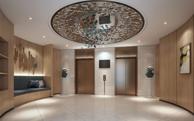 现代中式办公室电梯厅空间装修图