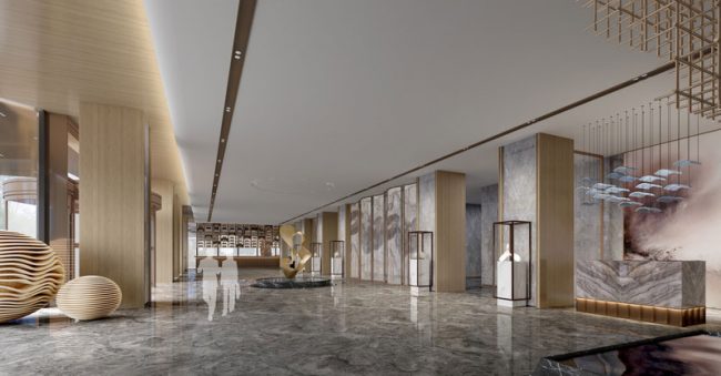 现代中式的酒店大堂设计效果图