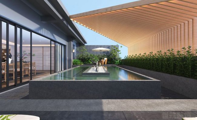 新中式办公室露天花园水景装修图