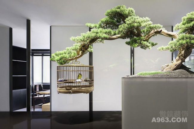 新中式办公室前台绿植景观装修图