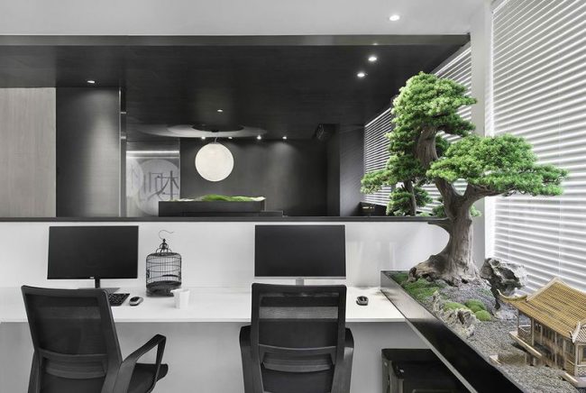 新中式风格办公室工作区场景装修图