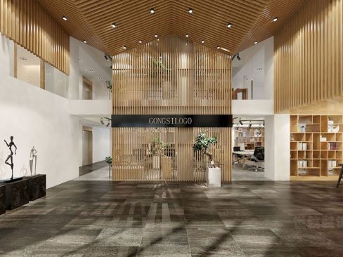 昆明呈贡禅意中式办公室装修大堂效果图