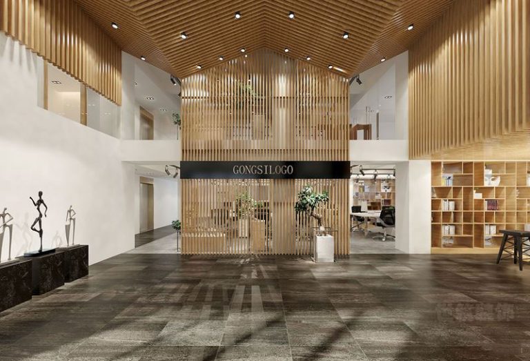 昆明呈贡禅意中式办公室装修大堂效果图