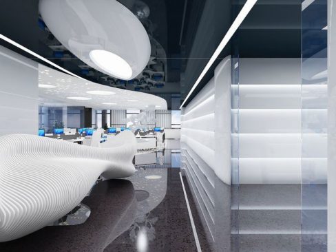 云南大理现代科技感办公室装修设计前厅效果图