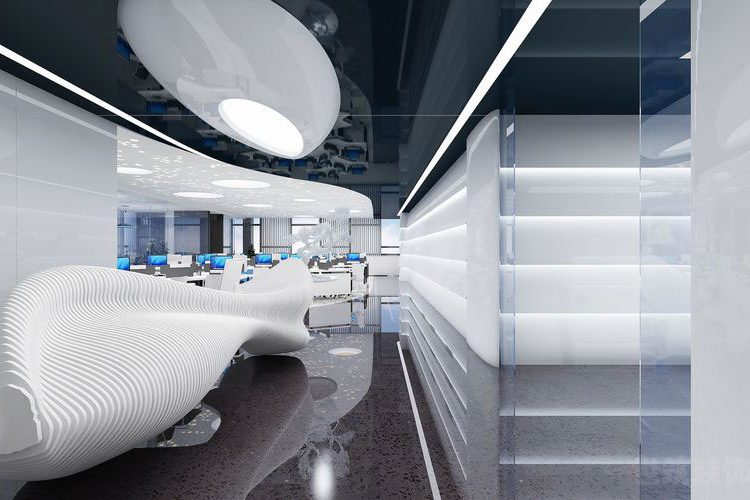 云南大理现代科技感办公室装修设计前厅效果图