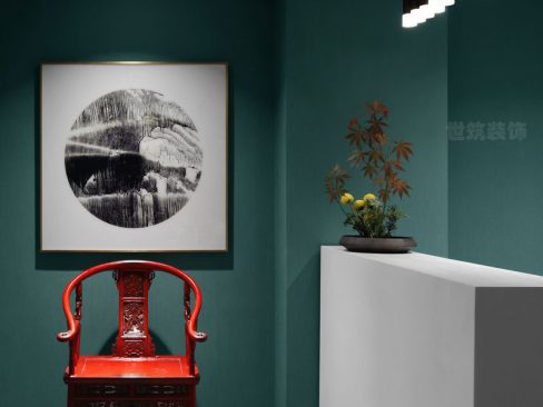 墨绿中式风办公室设计方案前台效果图