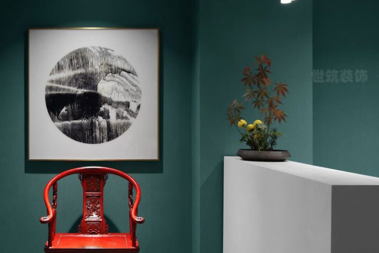 墨绿中式风办公室设计方案前台效果图