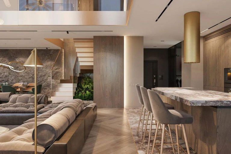 轻奢风格别墅家居客厅吧台休闲区效果图