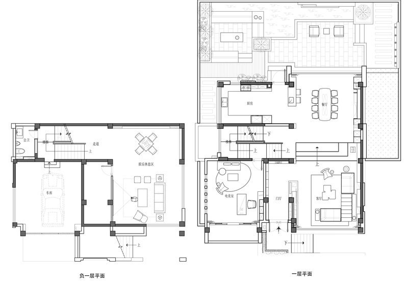云南丽江极简现代风家居装修负一层、一层平面布置图
