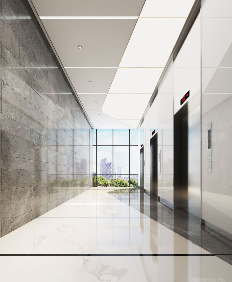 大型办公室装修设计效果图电梯厅效果图