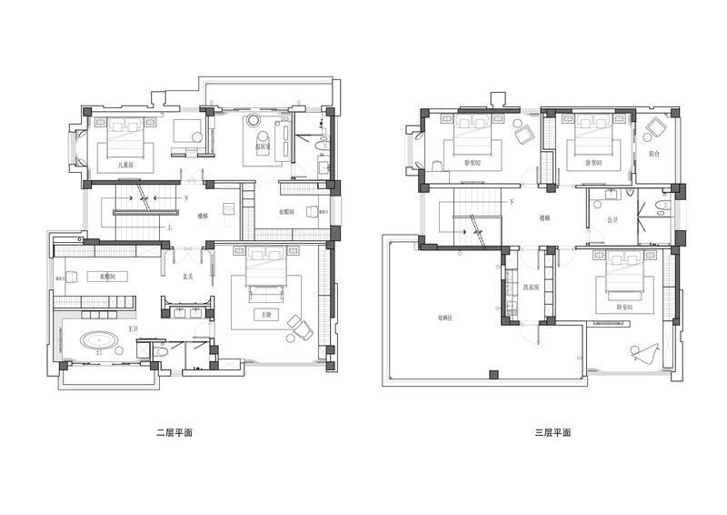 云南丽江极简现代风家居装修二层、三层平面布置图
